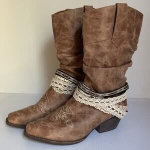 Western Cowgirl Boots Women’s 7.5 Brown Faux Leather Boho Festival Lace Trim